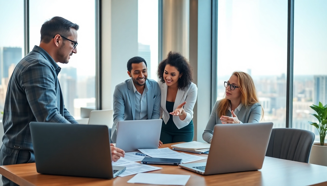 Individuals discussing options for their Ideal career in a modern office environment.