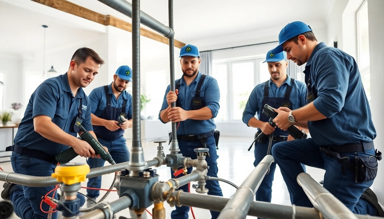 Technicians executing whole house repiping services Tampa in a bright residential setting.