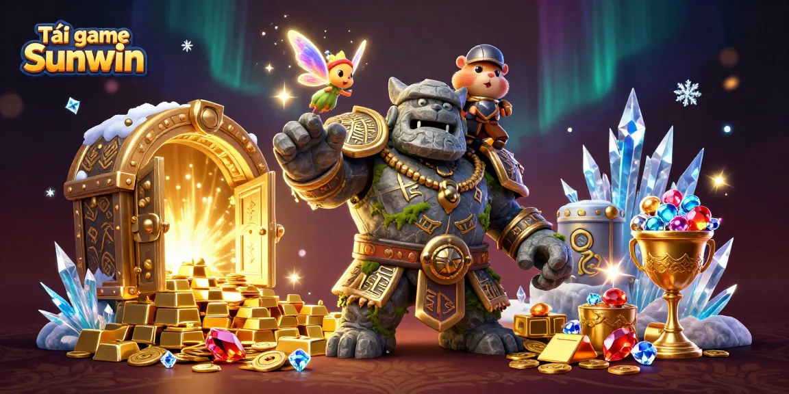 Tải game Sunwin with an enchanting scene of a stone golem, a fairy, and a hamster knight amidst treasures and magic.