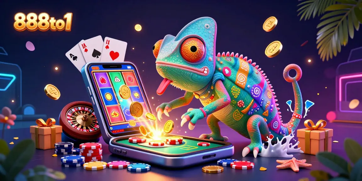 Immerse in the excitement of 888to1 with a chameleon casino owner and vibrant game elements.
