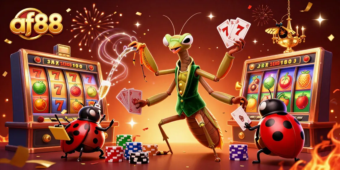 Experience the excitement of af88 with a vibrant illustration of a casino scene featuring card games and slots.