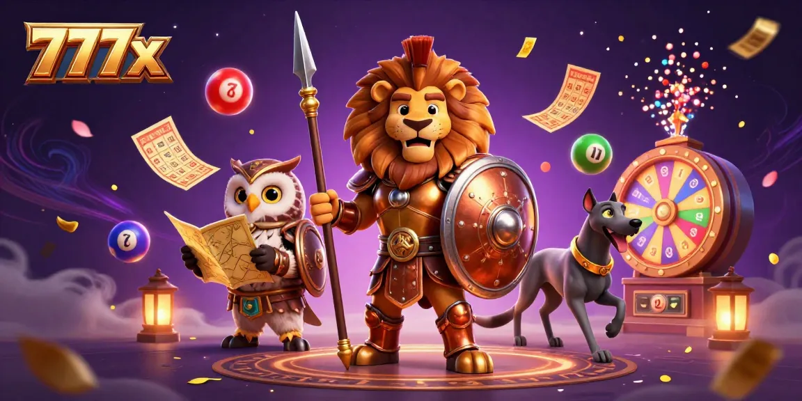 Experience the vibrant action of 777x with colorful lottery balls, 3D characters, and prize elements.