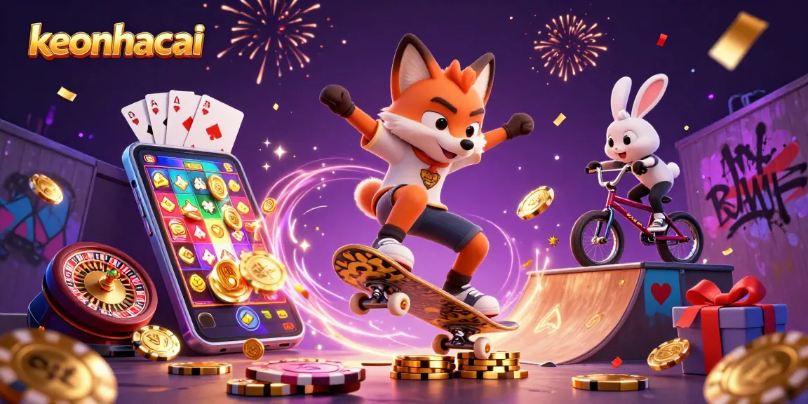 Experience keonhacai excitement as a skateboarder fox flips over poker chips in a vibrant casino scene.