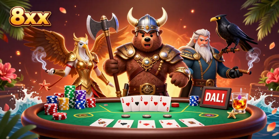 Engage in thrilling gameplay with 8xx, featuring vibrant casino character illustrations.