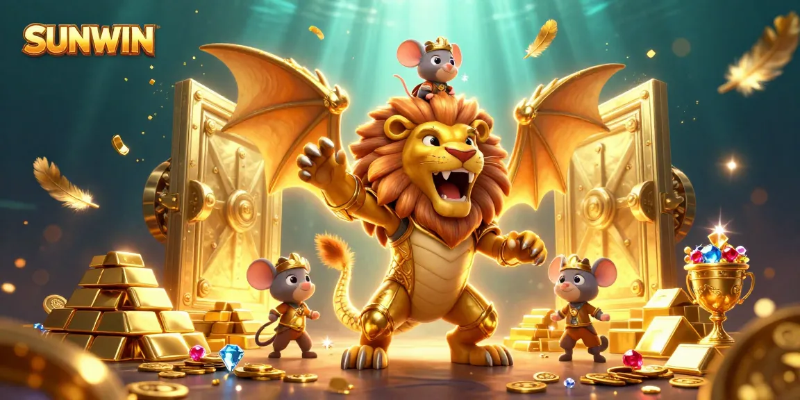 SUNWIN reveals a triumphant chimera beast in golden armor, surrounded by treasures and sparkling jewels.