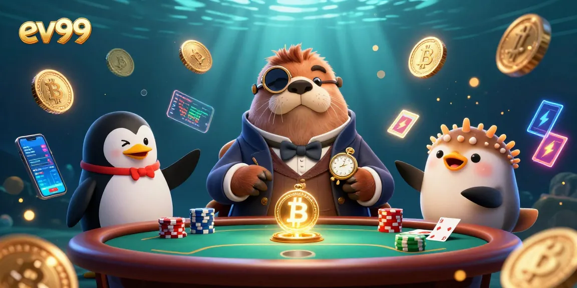 ev99 showcases a lively underwater poker scene with a walrus, dealer, and pufferfish bluffing.