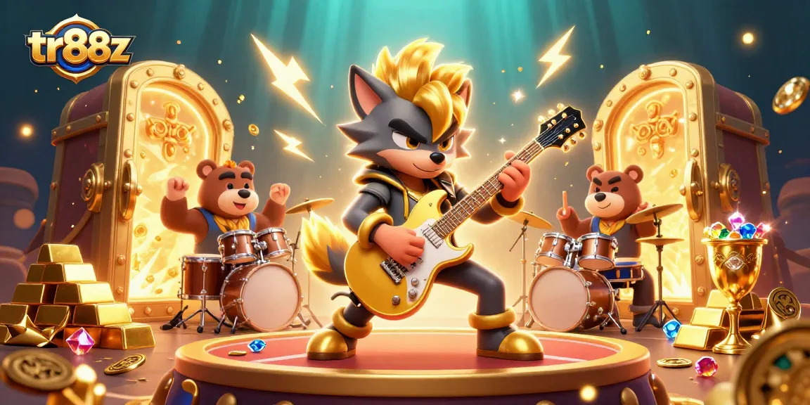 Experience thrilling wins at tr88z with a dynamic casino stage featuring a rock star wolf and a drummer bear.