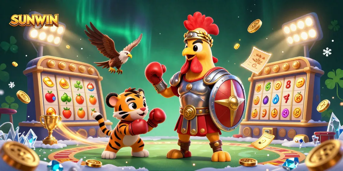 SUNWIN showcases an exciting casino scene with characters, slot reels, and vibrant elements celebrating gaming.