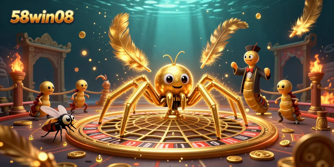 Engage in thrilling bets with 58win08 at the dynamic roulette wheel featuring a playful spider and centipede croupier.