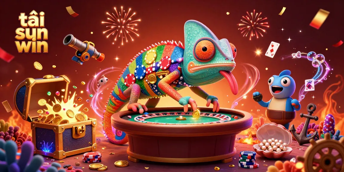 Engage with an exciting casino scene celebrating tải sun win with a colorful chameleon character and vibrant game elements.