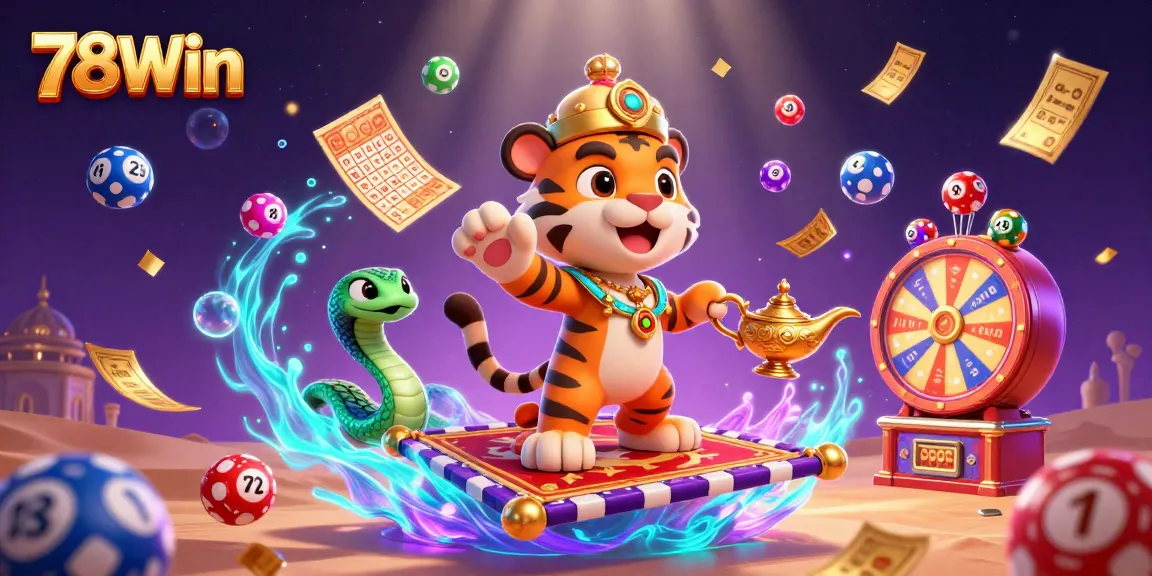 Join the fun at 78Win with a vibrant 3D casino illustration of a magical sultan, lottery elements, and game excitement.