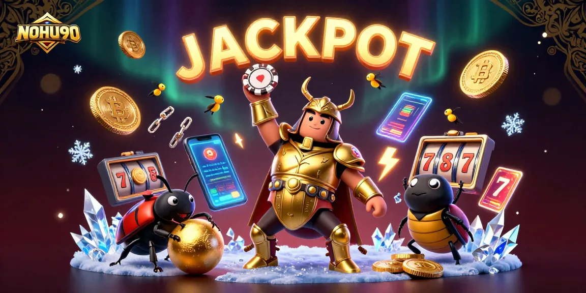 Engage with NOHU90’s vibrant jackpot atmosphere, featuring a heroic beetle and dynamic crypto elements.