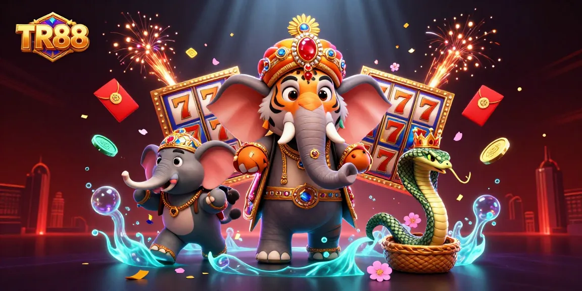 Experience the vibrant thrill of TR88 with animated slot reels and a lively elephant in a dynamic casino scene.