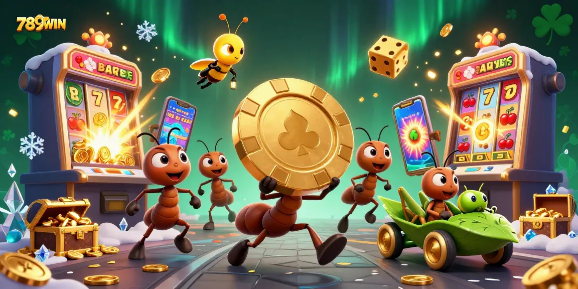 Experience thrilling wins at 789WIN with ants on a heist surrounded by vibrant casino elements.