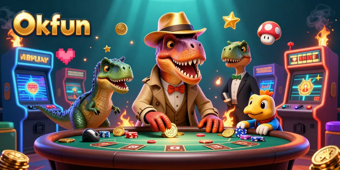 Okfun showcases a velociraptor at a blackjack table in a vibrant, chaotic casino scene.