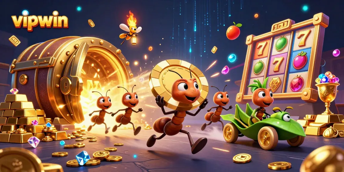 Watch vipwin characters in a thrilling heist, carrying a massive poker chip with golden treasures around them.