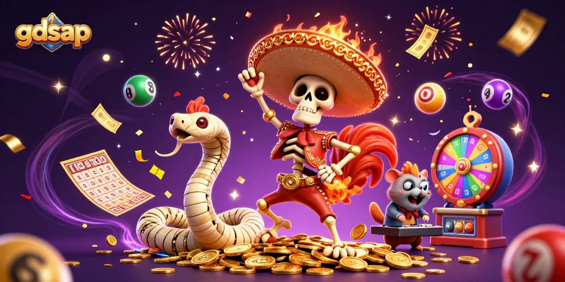 Experience the thrilling world of gdsap with a festive casino scene of colorful characters and lottery elements.