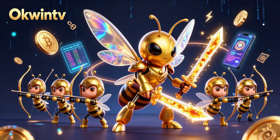 Watch Okwintv where a giant golden hornet samurai battles in a vibrant digital casino world.